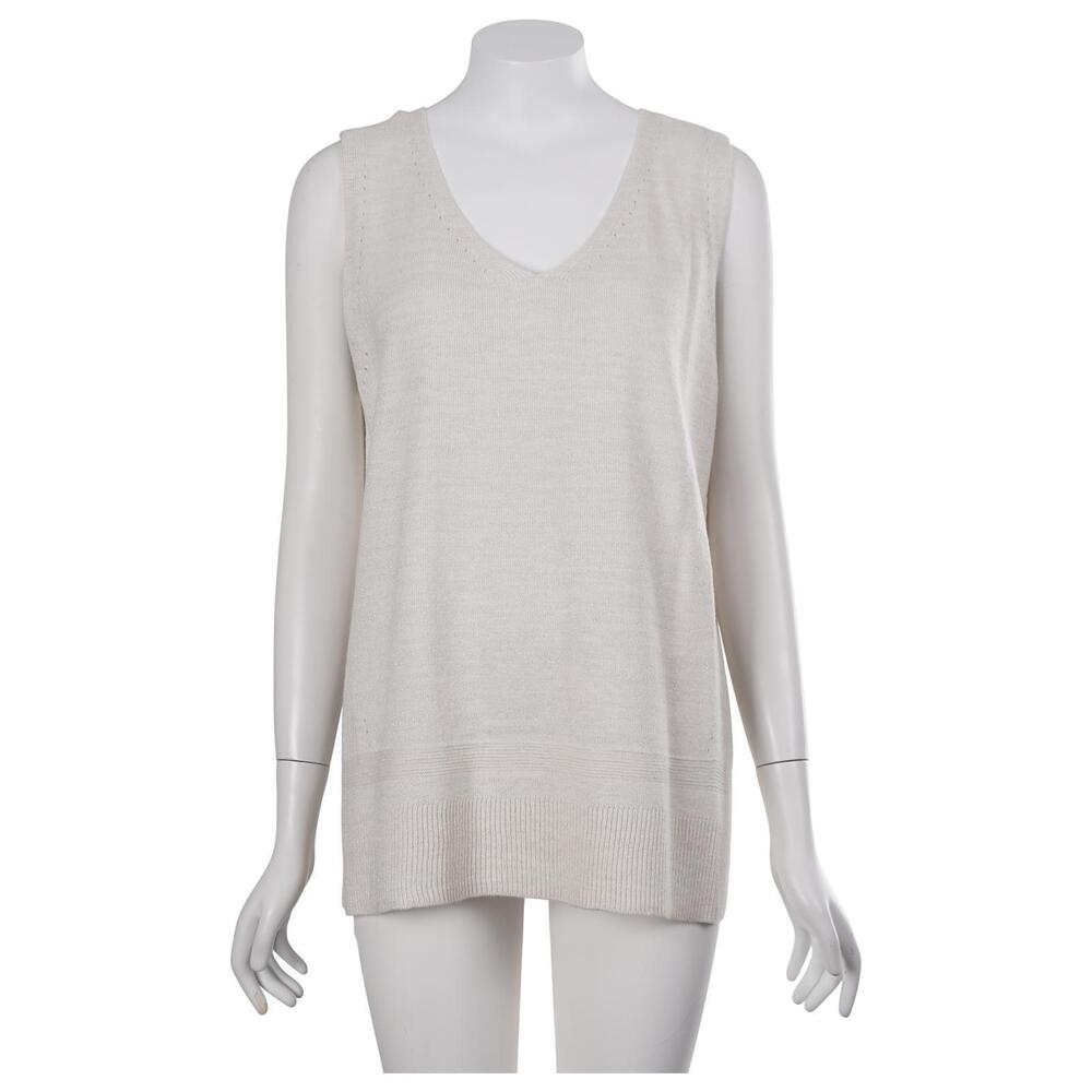 NWT APT. 9 Sweater XL Bone Ivory Metallic Silver V-Neck Sleeveless Stretch Knit
